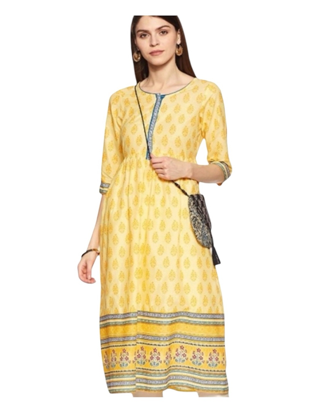Aurelia Yellow and Blue XXL Printed Cotton Kurta Dress